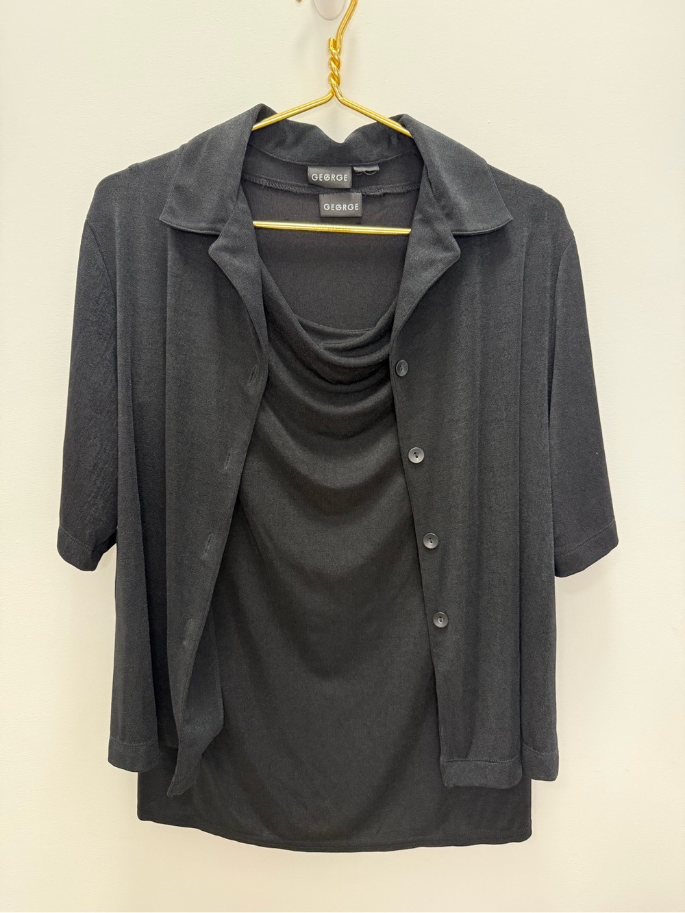 George Black 2 Piece Cowl Neck Tank Button Shirt Layering Set